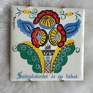 Vintage Berggren Swedish Folk Art Tile Trivet Smorgasbordet Wall Hanging 6x6